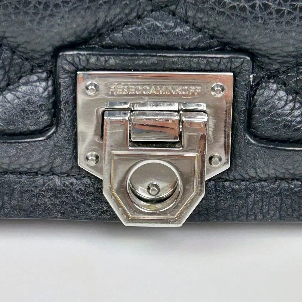 Rebecca Minkoff Black Quilted Front Flap Pebbled Leather Crossbody Bag Silver HW